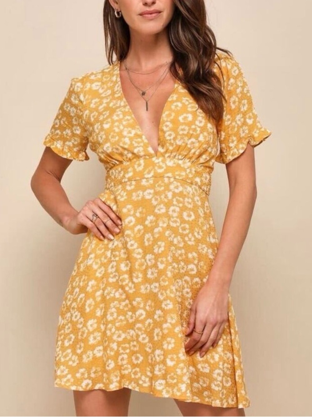 Lulu’s Garden Explorer Mustard Yellow Floral Print Mini Dress Size Small
